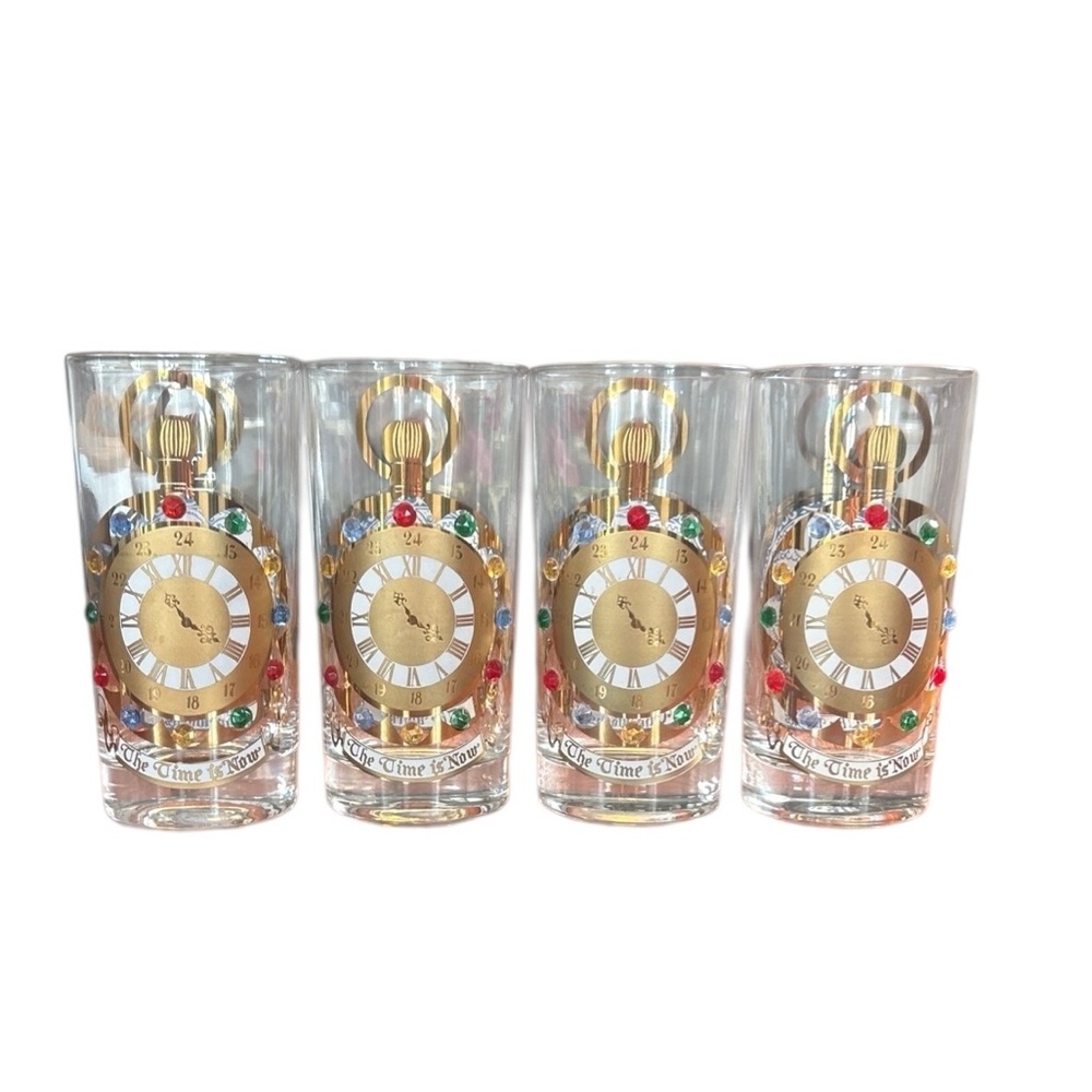 Culver MCM Highball Glasses The Time Is Now The Works Gold w/Colored Stones